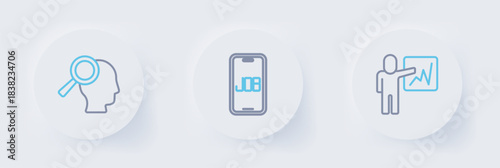 Set line Leader of a team of executives, Search job and Magnifying glass for search icon. Vector