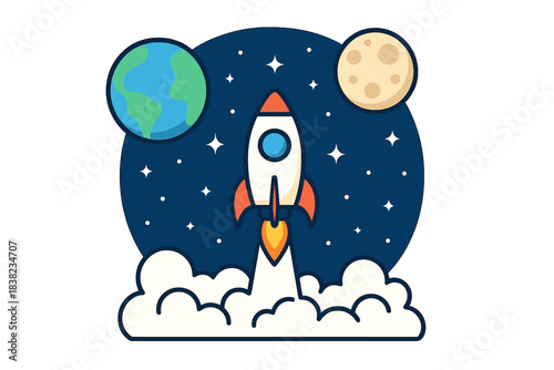 Cartoon rocket launching from clouds toward Earth and Moon in starry cosmos
