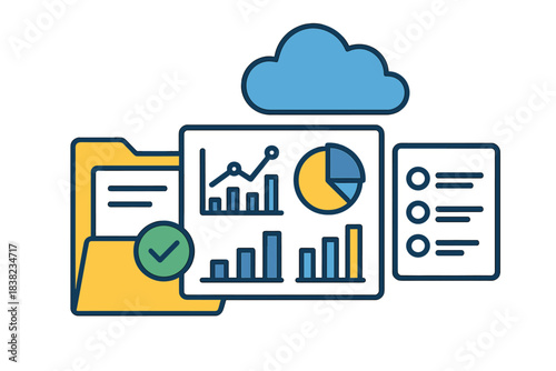Statistical data analysis and reporting concept with cloud storage and organized documents