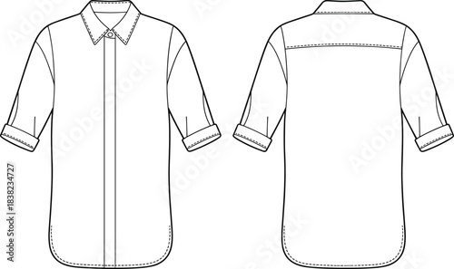 Rolled sleeve shirt CAD flat sketch, front and back technical fashion drawing, button-up shirt design, garment sewing pattern, apparel design blueprint