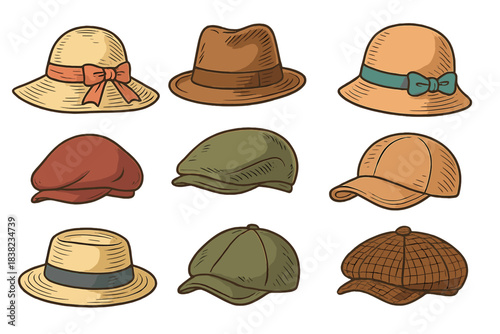 Nine classic headwear designs featuring fedora straw cloche and flat cap styles