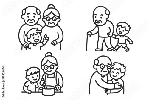 Elderly grandparents and young grandson enjoying various family activities together