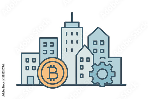 Urban finance concept with digital currency symbol and mechanical elements