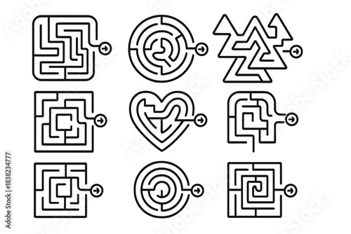 Nine abstract black and white maze icons showing entry and exit paths