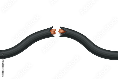 Severed black electrical wire with exposed copper strands