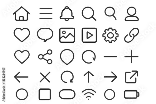 Basic outline icons for user interface navigation and common actions