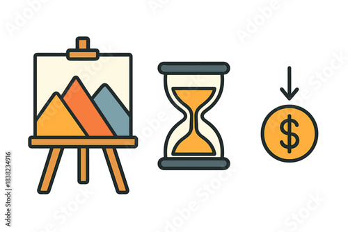 Creative process efficiency icons for time and budget management