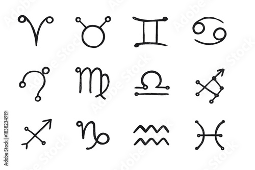 Set of twelve hand drawn black icons representing astrological zodiac signs