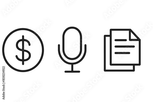 Outline icons for monetary transaction, audio recording, and document review