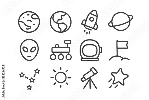 Outline icons for space exploration featuring planets, rocket, and planetary rover