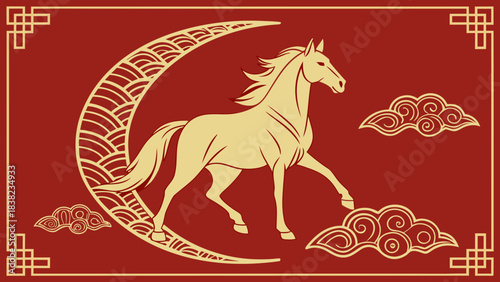 A golden silhouette of a galloping horse against a rich red background, symbolizing prosperity and strength.