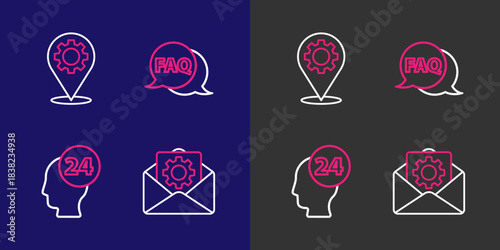 Set line Envelope setting, Support operator touch, Speech bubble with FAQ and Location gear icon. Vector