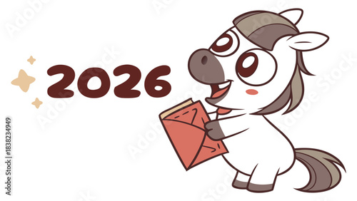 Cute cartoon unicorn holding a letter, symbolizing joy and anticipation for 2026.