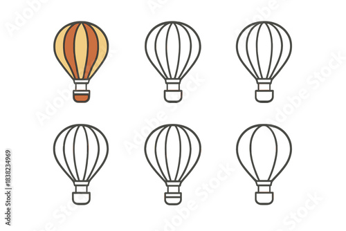Set of hot air balloon icons featuring outline and color variations