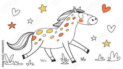 A cheerful cartoon horse with orange spots prances happily among stars and hearts.