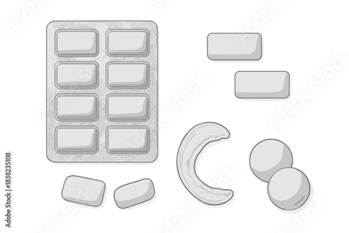 White chewing gum pieces and blister pack mockup assortment