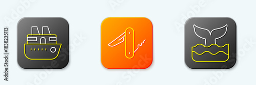 Set line Cruise ship, Swiss army knife and Whale tail icon. Vector