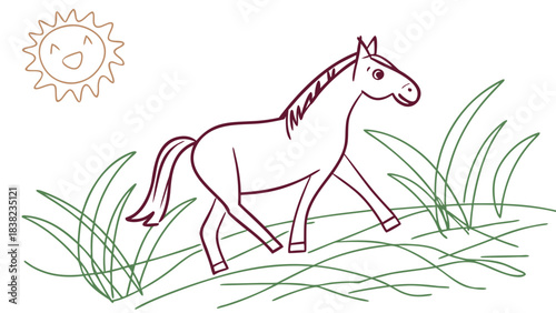 A simple line drawing of a horse trotting in a grassy field under a smiling sun.