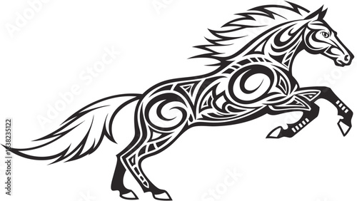 Stylized tribal design of a galloping horse, showcasing intricate swirls and details in black and white.