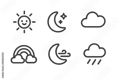 Basic weather condition line icons for sunny, night, cloudy, rainbow, windy, and rainy days