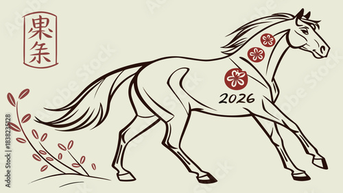 A stylized illustration of a horse in motion, symbolizing the Year of the Horse 2026, detailed with floral motifs.