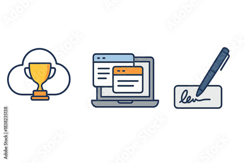 Cloud trophy digital interface and electronic signature icons collection
