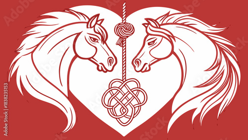 Two elegant horse heads facing each other within a heart, united by a knot symbolizing love and connection.
