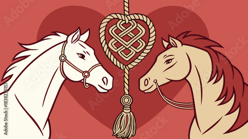 Two beautifully illustrated horses facing each other against a heart backdrop, symbolizing love and connection.