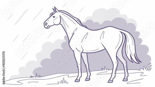 A serene white horse stands majestically in the rain, surrounded by soft, muted gray clouds that evoke a calm atmosphere.