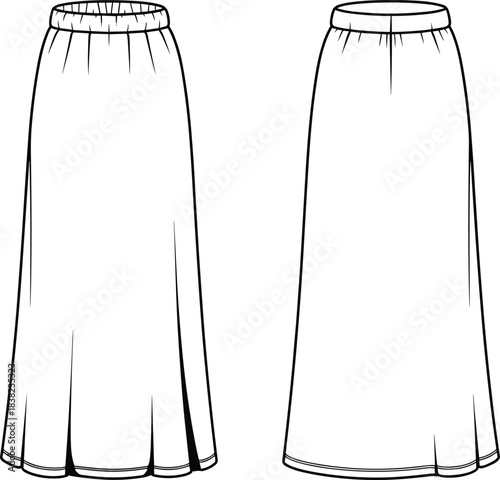A-Line Long Skirt Fashion Flat | Elastic Waistband Skirt Vector Template | Women’s Technical Flat Sketch | Front & Back Fashion Drawing for Designers