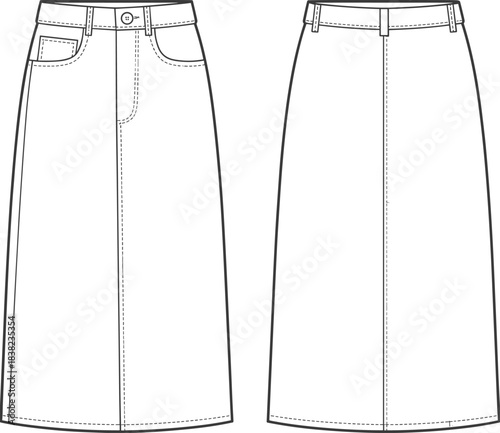 A-line denim skirt CAD flat sketch, high waist front and back view, technical fashion drawing, sewing pattern design template