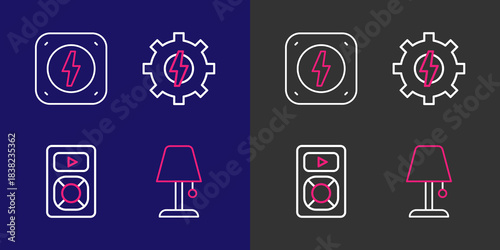 Set line Table lamp, Music player, Gear and lightning and Lightning bolt icon. Vector