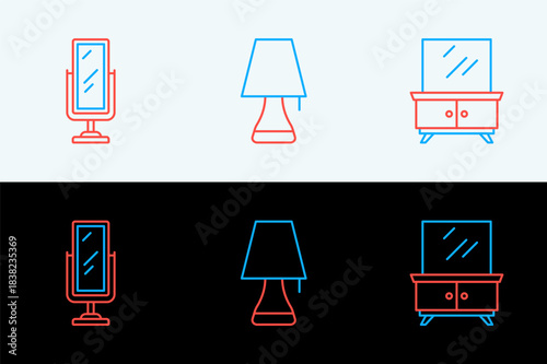 Set line Dressing table, Big full length mirror and Table lamp icon. Vector