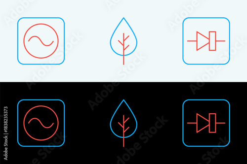 Set line Diode in electronic circuit, AC voltage source and Leaf Eco symbol icon. Vector
