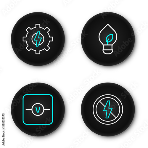 Set line No lightning, Voltmeter, Light bulb with leaf and Gear and icon. Vector
