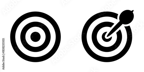 Black and White Circles Round Geometric Dart and Dartboard Arrow Aiming Target Bullseye Hit Accuracy or Accurate or Excellent Idea Opinion Misson Accomplished Symbol Sign Icon Set. Vector Image.