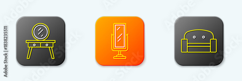 Set line Dressing table, Big full length mirror and Armchair icon. Vector