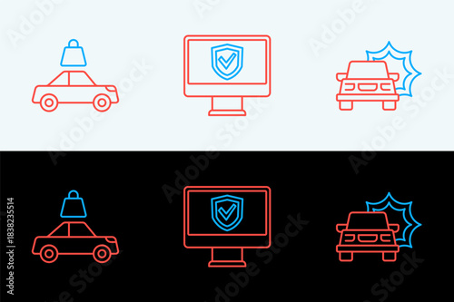 Set line Car accident, insurance and Insurance online icon. Vector