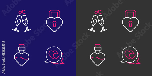 Set line Heart in speech bubble, Bottle with love potion, Castle the shape of heart and Glass champagne icon. Vector