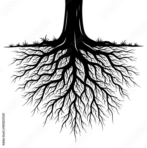 A black and white illustration of a tree with its roots exposed, floor, illustration, root, tree, tree root, against transparent background