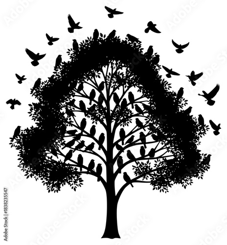 A large silhouette of a tree with birds flying around it, bird, black, crow, flock, fly, illustration, profile, tree, against transparent background