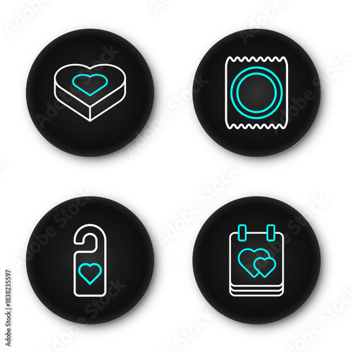 Set line Calendar with heart, Please do not disturb, Condom in package and Candy shaped box icon. Vector