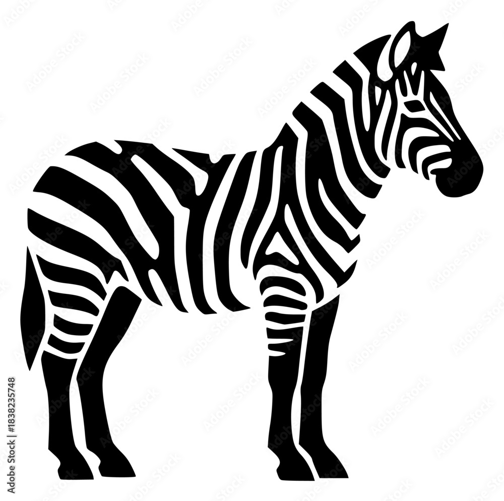 Naklejka premium A black and white silhouette of a zebra standing upright, animal, black, illustration, profile, stand, white, zebra, against transparent background