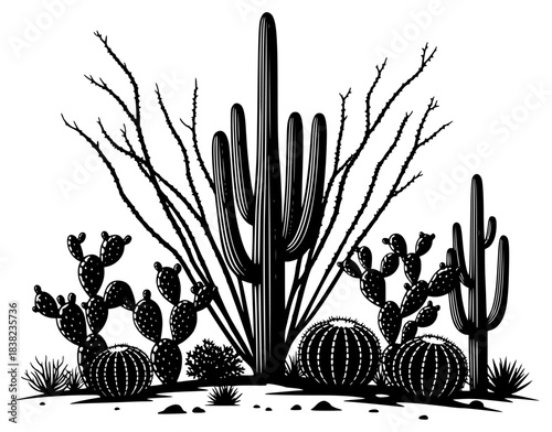 A black and white illustration of various cacti and succulents in a desert setting, black, cactus, desert, floor, illustration, plant, succulent, vegetation, white, against transparent background