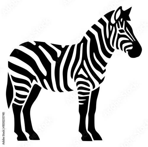 A black and white silhouette of a zebra standing upright, animal, black, illustration, profile, stand, white, zebra, against transparent background