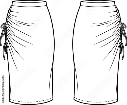 CAD Flat Sketch of Bodycon Ruched Skirt with Side Drawstring, Fashion Design Template, Technical Front and Back View