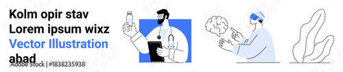 Healthcare, technology, education, neuroscience, virtual reality, innovation. A doctor holding a vial, a scientist analyzing a brain in VR and abstract plants. Healthcare and technology innovation