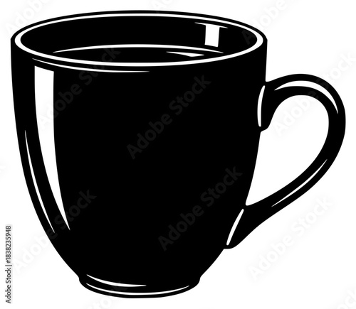 A black and white silhouette of a coffee cup, beverage, black, coffee, coffee cup, cup, illustration, liquid, mug, profile, tea, against transparent background