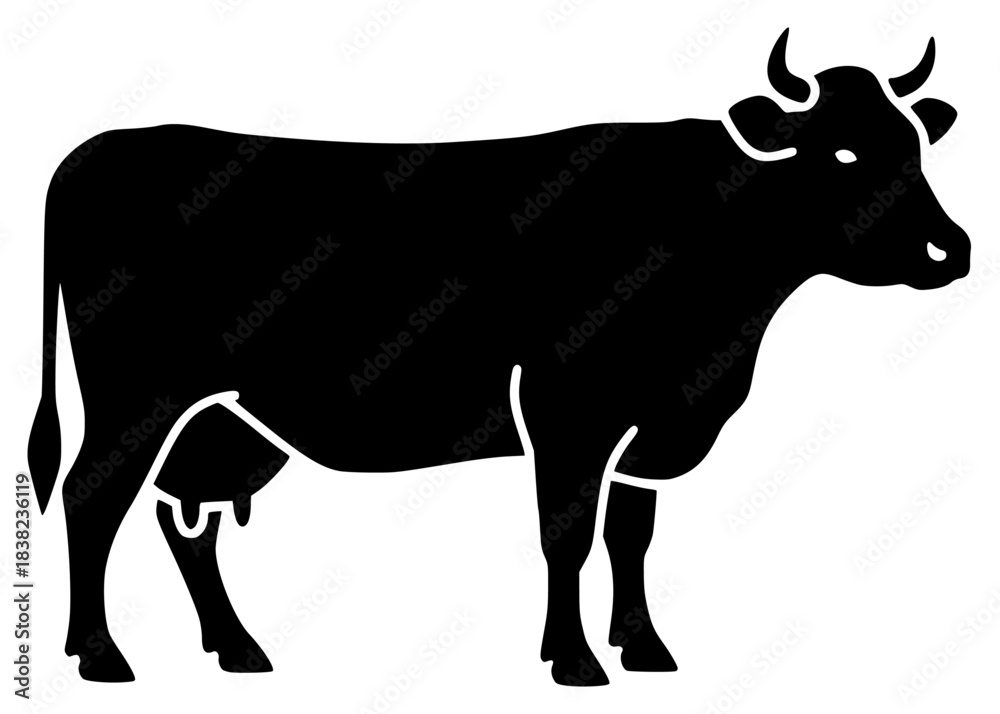 Fototapeta premium A black silhouette of a cow standing on a , animal, black, bull, cattle, cow, illustration, profile, stand, trumpet, against transparent background