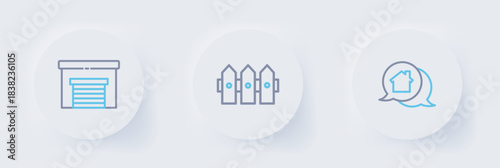 Set line Real estate message house, Garden fence wooden and Garage icon. Vector